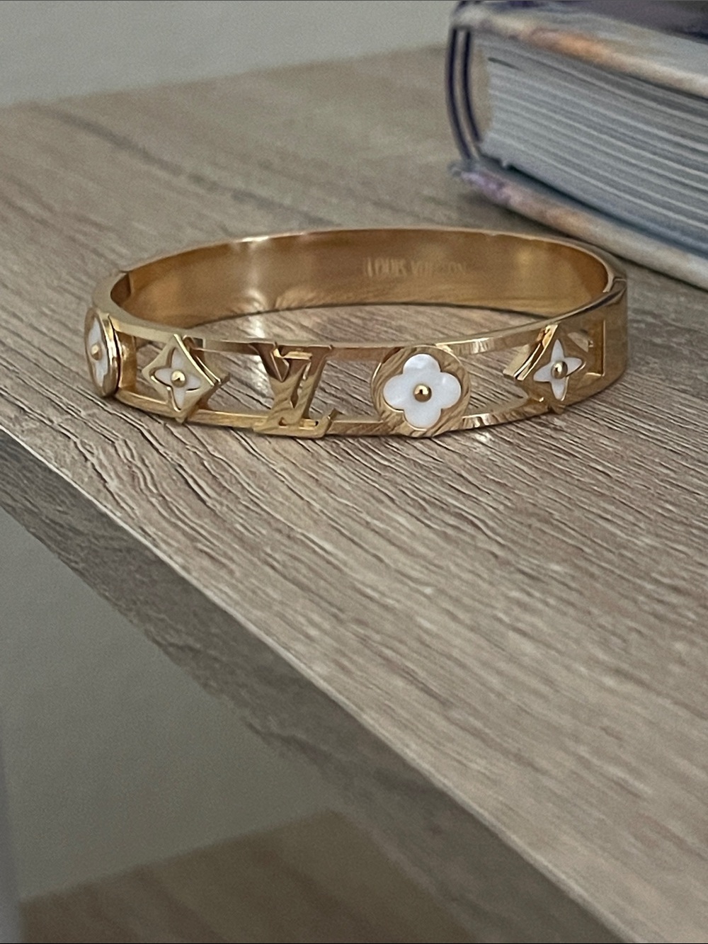 Gold and White LV Monogram Flower/ clover Cutout Bangle Bracelet